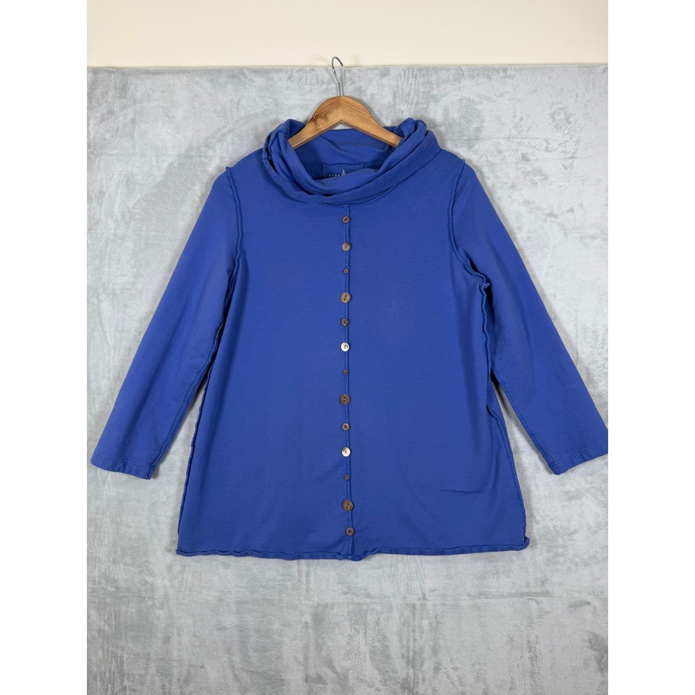 Neon Buddha Top Womens Small Blue Pullover Cowl Neck Raw Edge Stretch